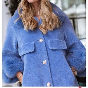 Blue shearling pearl real fox fur coat